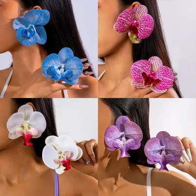 Amazon cross-border 3D colorful large butterfly orchid earrings, simulated flower earrings giving a fresh and atmospheric feel.