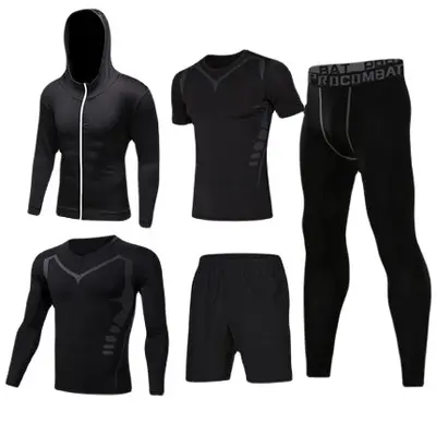 Erkek Spor Takımı 5'li Set, Hızlı Kuruyan Kısa Kollu Fitness Kıyafeti