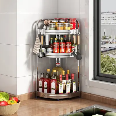 Stainless steel kitchen corner storage rack oil salt sauce vinegar tripod spice supplies wall corner floor storage knife holder