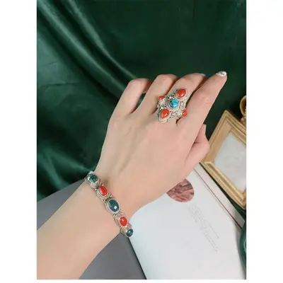 Nepal handgefertigtes Türkis-Armband, Silbereinlage, verstellbar - 4