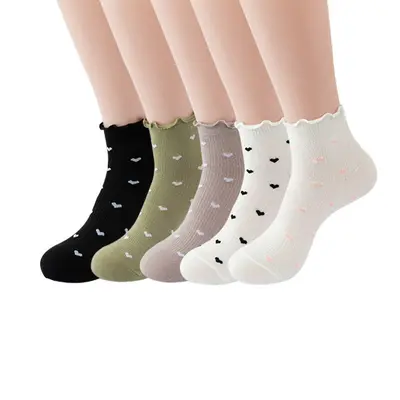 Women's Short Socks, Ruffle Heart Pattern, Breathable - 4
