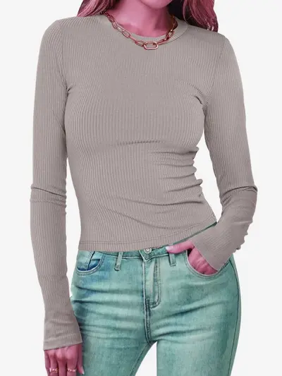 Women's Round Neck Long Sleeve Ribbed Solid Color Crop Top T-Shirt