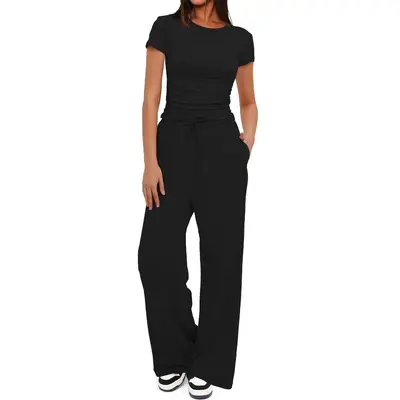 Women's Long Sleeve Set with High-Waist Wide-Leg Pants