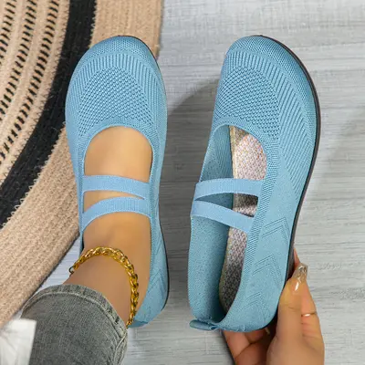 Kadın Uçan Örgü File Üst Düz Taban Loafer Ayakkabı Rahat Slip-On