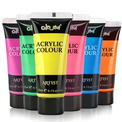 6-Color 22ML Fluorescent Acrylic Paint Set, Bright, for DIY Wall Painting