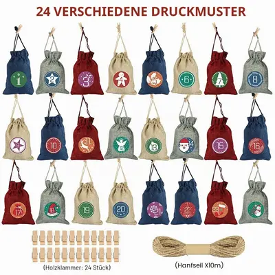 24-Pocket Reusable Christmas Advent Calendar Fabric Bags
