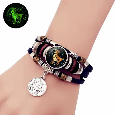Luminous 12 Zodiac Leather Bracelet, Handmade Multi-Layer Beaded Couple Gift