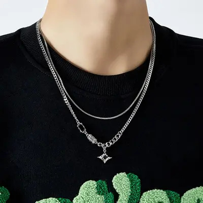 Wangjiaer aynı stil erkek kolye trendy dört yıldızlı çift katmanlı sweatshirt dekolte zinciri yüksek kaliteli erkek niş