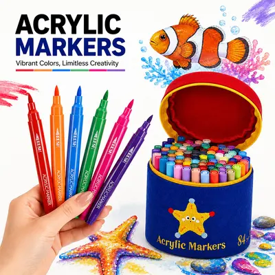 Acrylic marker pen set with soft tips, children's drawing, storage bucket - 3