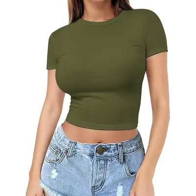 Cross-border European and American style crop top t-shirt hot girl summer sweater women's slim round neck fashion milk silk short sleeve - 10
