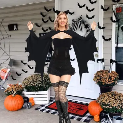 Sexy Bat Wings Halloween Stage Costume for Women with Bat Cape - 3