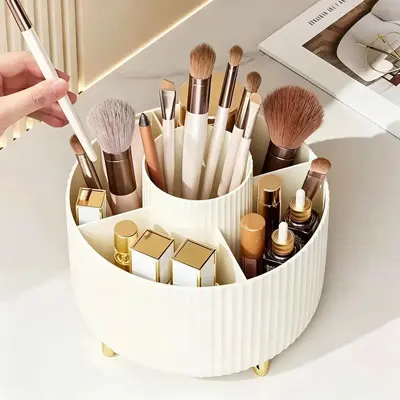 Rotating Desktop Makeup Brush Organizer with Lipstick and Pen Holder - 3