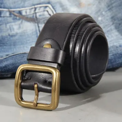 Vintage copper buckle men's belt washed denim belt genuine leather fashion pin buckle men's top grain cowhide belt authentic - 8