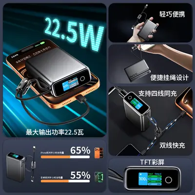 20000 mAh Powerbank, 22,5W, TFT renkli ekran, dahili çift hızlı şarj kablosu