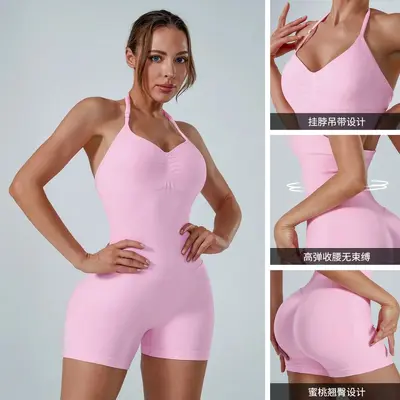跨境挂脖露背连体瑜伽服女高腰收腹提臀裸感健身外穿速干连体衣