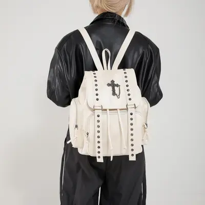 Soft PU Leather Backpack, Large Capacity, Cross Rivet Design - 2