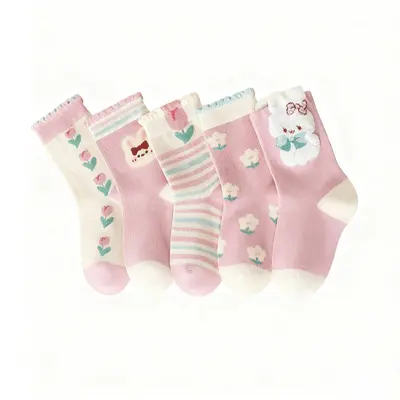Girls' Autumn Winter Mid-Calf Socks with Lace and Rabbit Design