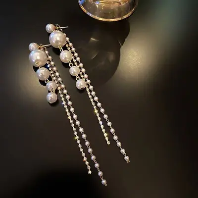 Diamond Pearl Long Tassel Earrings, Lightweight Luxury Earrings, Elegant and Personalized Temperament, Internet Celebrity Earrings for Women, Cross-border Wholesale Trend