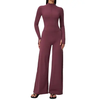 Damen Reißverschluss-Yoga-Overall, langarm, mit weitem Bein