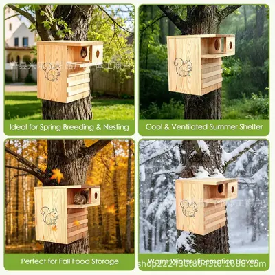Solid Wood Squirrel Nest Box, Hanging Outdoor Habitat