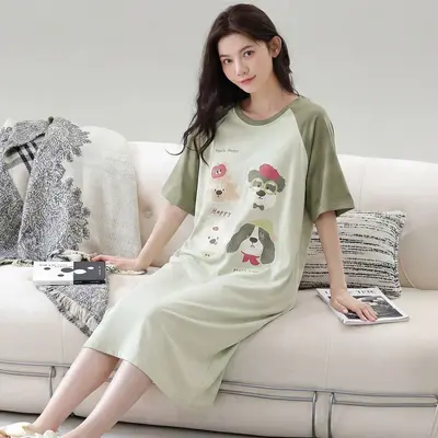 Women's Summer Cotton Nightdress with Chest Pads, Short Sleeve, Plus Size