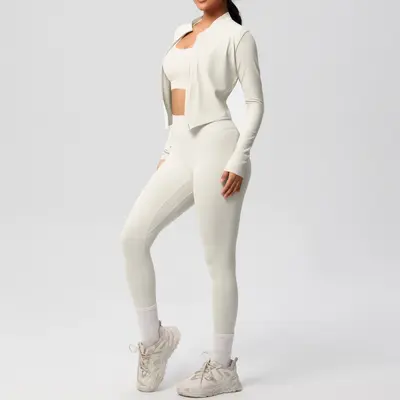 Women's Three-Piece Solid Color Yoga Running Sports Set, Double-Sided Brushed - 11