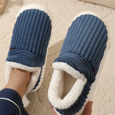 Men's Corduroy Cotton Indoor Shoes, Thick Sole, Fleece-Lined, Full-Wrap