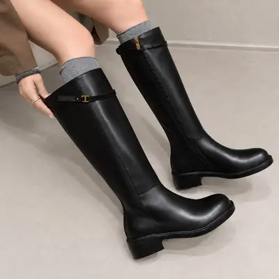 Women's Long Riding Boots, Square Toe, Low Heel, Side Zip