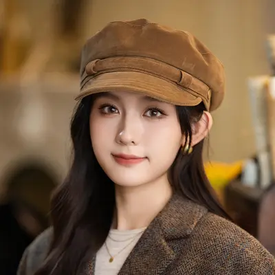 Women's Autumn Winter Suede-Look Octagonal Peaked Cap, Retro Style