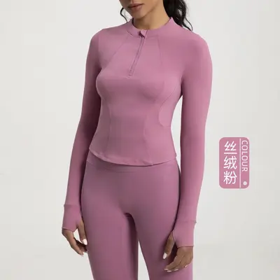 Women's yoga top stand collar zip long sleeve T-shirt - 10