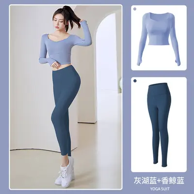 Damen-Yoga-Set, Langarm-Leggings, Lauftraining - 9
