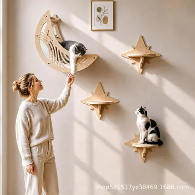 Wooden Cat Wall Shelf with Star and Moon Hammock Climbing Set