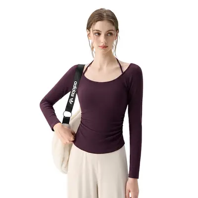 瑜伽服女2026秋冬新款挂脖式一体杯运动健身露肩上衣运动瑜伽套装 - 5