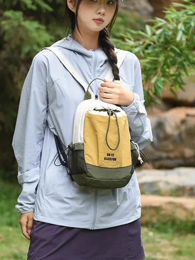 Outdoor Color-Block Drawstring Small Backpack, Lightweight Crossbody Travel and Hiking Bag - 4