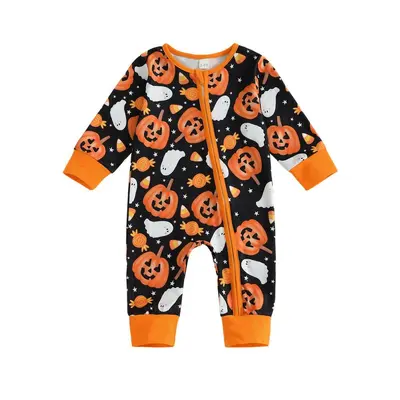 Baby Long Sleeve Romper with Pumpkin Print and Diagonal Zipper