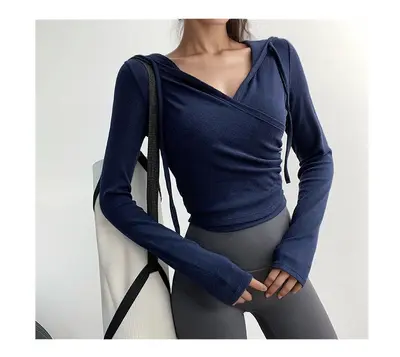 Sport-Kapuzenshirt mit V-Ausschnitt, Yoga-Langarmoberteil - 8