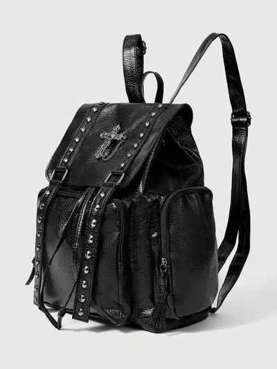 Export Crossborder Wasserstoßkaschierung Litchi-Struktur PU-Leder Nieten Motorradjacke Windbreaker Rucksack Kreuz Doppelschulter Rucksack Großvolumiges Damen-Handtasche