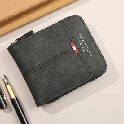 Men's Short Three-Fold Wallet with Zipper Coin Compartment, Retro Buckle - 6