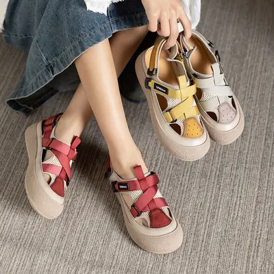 Retro Genuine Leather Mesh Women's Sandals, Cowhide Upper