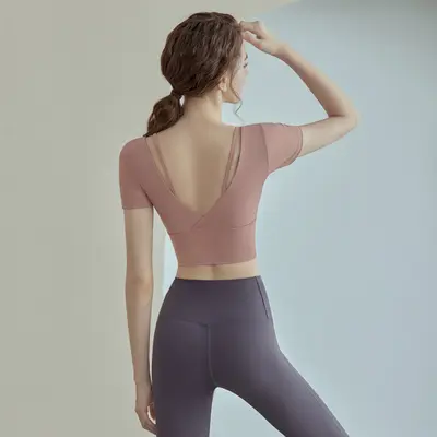Kadın yoga kıyafeti takımı, düz renk kısa kollu, pilates ve fitness için - 4