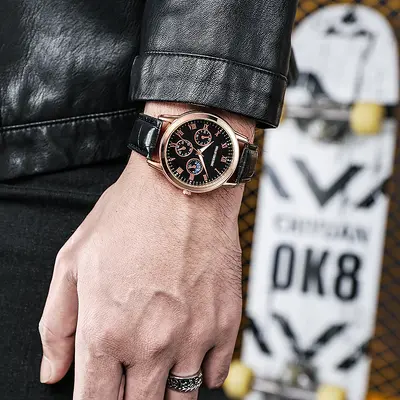 Men's three-dial quartz watch, steel band, business style