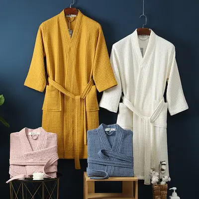 Pure Cotton Waffle Bathrobe, Long, Thin, Spring and Summer