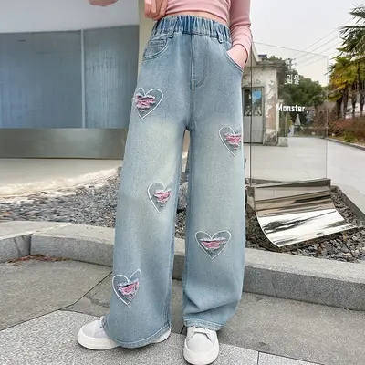 Kız Çocuk Düz Paça Geniş Kot Pantolon, Okul Çağı İçin