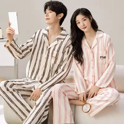 Couple's Home Wear Set, Long Sleeve Button-Up Pajama Set for Men and Women - 11