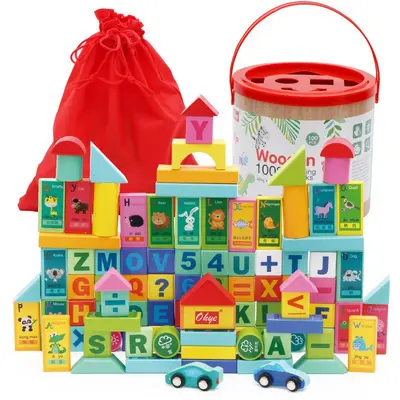 Solid Wood 100-Piece Large Building Blocks Toy for Kids Ages 2-4 - 4