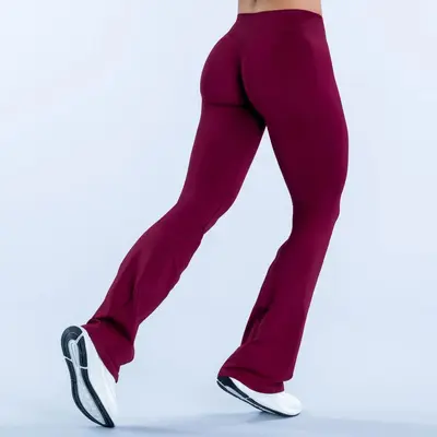 Mikro Bol Paça Yoga Pantolonu, Dikişsiz, Orta Bel, Tam Mat Kumaş