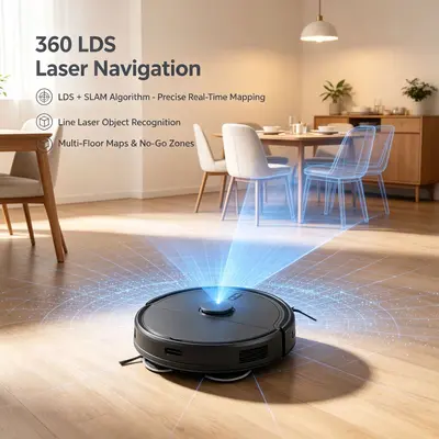 Sınır Ötesi LDS Lazer Navigasyon Otomatik Elektrik Süpürgesi Toz Toplama Yıkama Sürükleme Kombinasyonu 35000Pa Güçlü Emme Ev Kullanımı