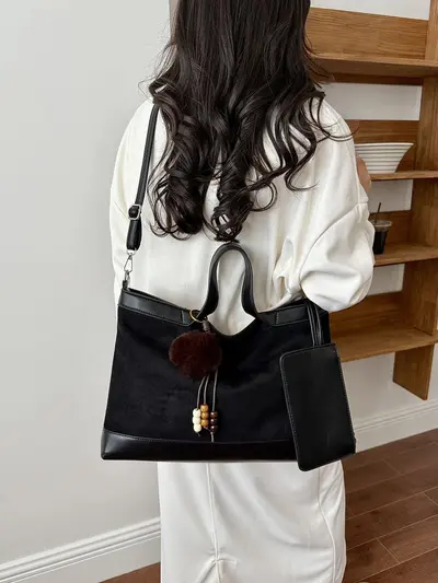Large-Capacity Suede-Look Tote Bag with Single Shoulder Strap for Commuting