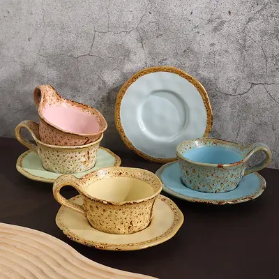 Retro Ceramic Coffee Cup and Saucer Set, Kiln-Glazed