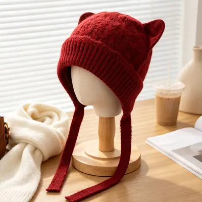 Korean-Style Cute Cat Ear Knit Hat, Soft Yarn - 7